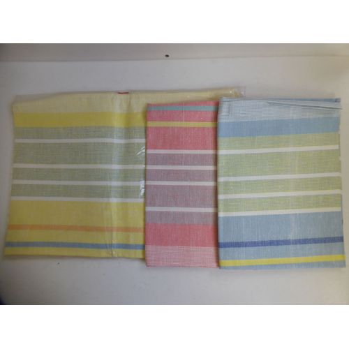 Lot De 3 Torchons Vintage Coton Rayés Jaune, Bleu Et Rose Neufs