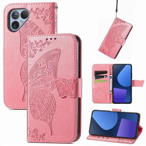SATURCASE Coque pour Fairphone 5, Papillon Fleurs PU Cuir Magnétique Flip Portefeuille Support Porte-carte Protecteur Housse Étui avec Dragonne pour Fairphone 5 (HF-Pink)