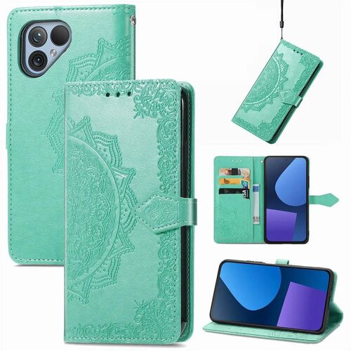 SATURCASE Coque pour Fairphone 5, Mandala Gaufrage PU Cuir Magnétique Flip Portefeuille Support Porte-carte Protecteur Housse Étui avec Dragonne pour Fairphone 5 (MA-Vert)
