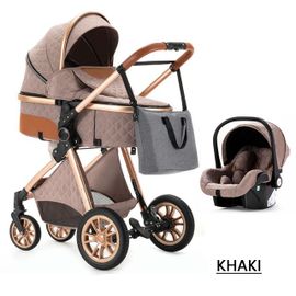 Poussette 3 En 1 Bébé Combinée Siège-Auto Nacelle Trio Réversible Réglable Haute Qualité Roues Increvables Canne Khaki.