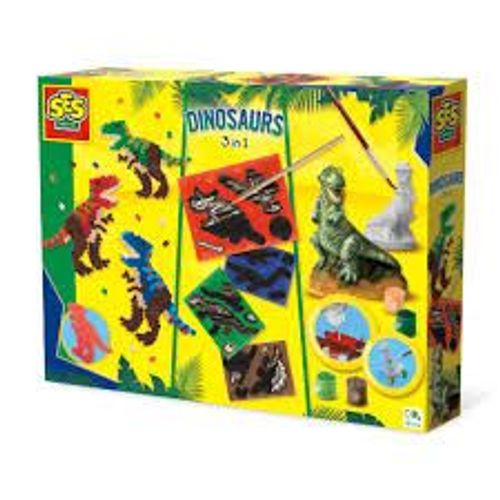 SES Creative - Dinosaures 3 en 1 - Perles à repasser, moulage en platre et cartes à gratter