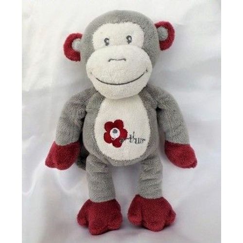 Doudou Peluche Singe Arthur Et Lola Gris Blanc Fleur Bordeaux Bébisol