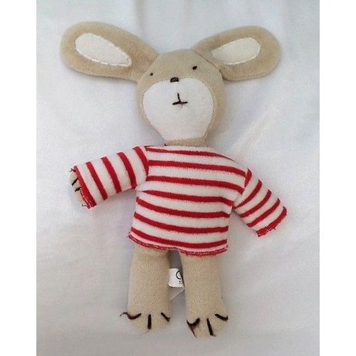 Doudou Peluche Lapin Beige et Blanc Pull Rayures Blanc Rouge Auchan