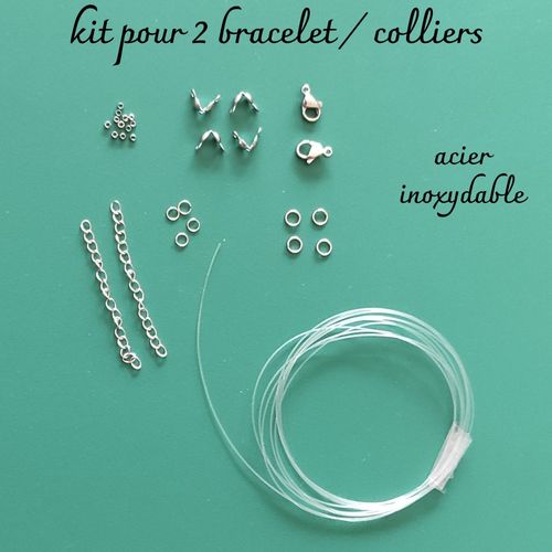 Kit Montage Réparation 2 Colliers Ou Bracelets Avec Fil Nylon Fermoir Anneau En Acier Inoxydable
