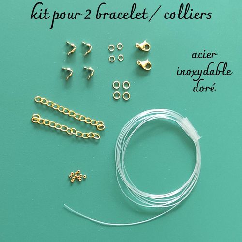 Kit Montage Réparation 2 Colliers Ou Bracelets Avec Fil Nylon Fermoir Anneau En Acier Inoxydable Doré 18k