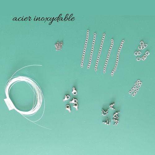 Kit Montage Réparation 5 Colliers Ou Bracelets Avec Fil Nylon Fermoir Anneau En Acier Inoxydable