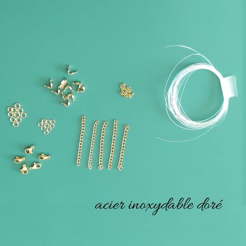 Kit Montage  5 Colliers Ou Bracelets Avec Fil Nylon Fermoir Anneau En Acier Inoxydable Doré