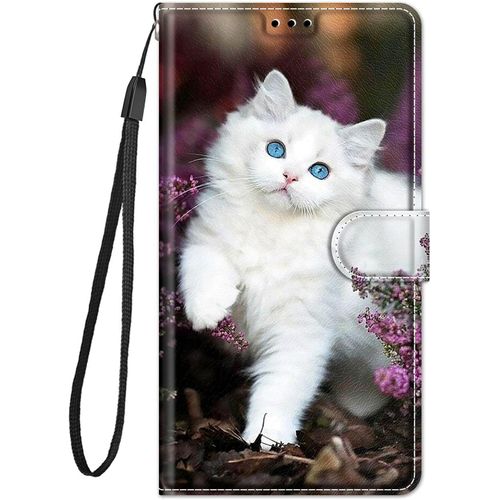 Coque Pour Oppo Realme 9 Pro Plus Etui A Rabat Motif Dessin Pour Filles Femmes, Antichoc Cuir Housse Avec 360 Degres Protection Cover Silicone Flip Case - Chat Blanc