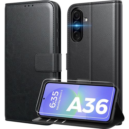 Coque Pour Samsung Galaxy A36 5g[Verre Trempé Protection *1 ][Blocage Du Signal Rfid ][Premium Pu ][Pochette De Portefeuille ]Etui À Rabat Pour Samsung A36 5g,Noir