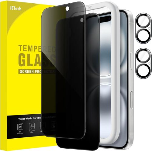 JGD-Protection D'écran Anti-Espion pour iPhone 16 6,1 Pouces avec Protecteur d'objectif Caméra, Film en Verre Trempé, Outil d'Installation Facile, Lot de 2 Chacun