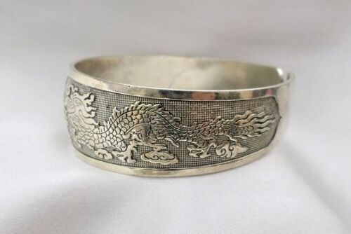 Bracelet Tibétain Rigide Dragon Phénix Boule De Feu Ajustable Unisexe Argent Du Tibet