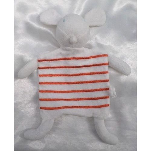 Doudou Peluche Plat Souris Marionnette Blanc Rayures Orange Auchan