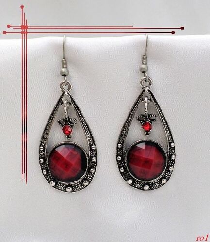 Boucles D'Oreilles Style Tibétain Bohaï Perle Strass Rouge Argent Du Tibet