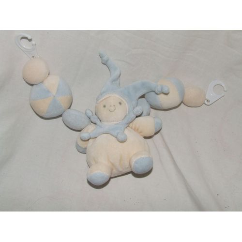 LUTIN ACTIVITE POUSSETTE DOUDOU PELUCHE BLEU BLANC GRELOT
