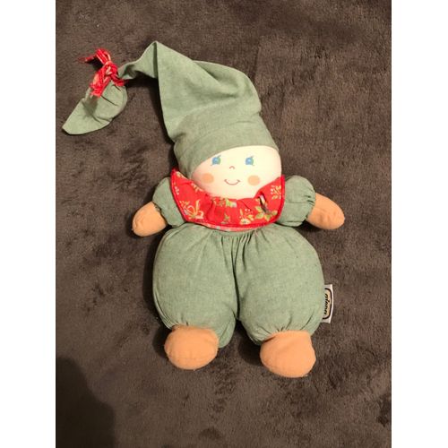 Doudou Ajena Lutin Grelot Vert Col Rouge Fleurs Grelot
