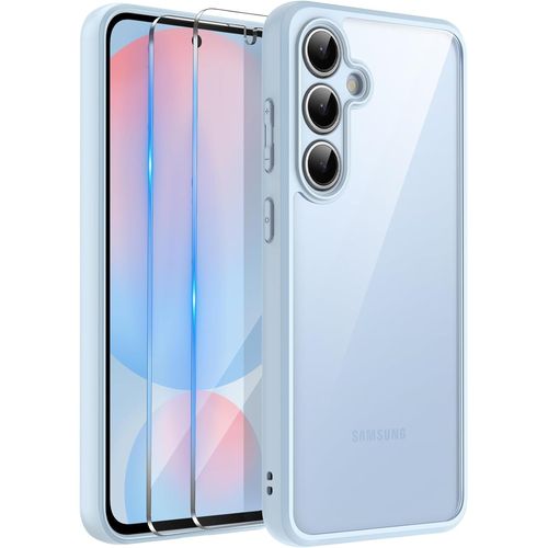 Coque Protection Caméra Pour Samsung Galaxy S24 Fe 5g Avec 2 Pièces Verre Trempé, Étui Cadre En Tpu Et Dos Transparent Antichoc Anti-Rayures, Bleu
