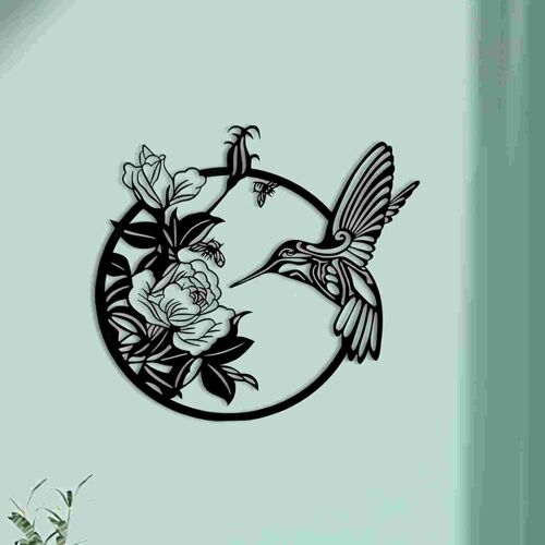 Silhouette Ronde doiseau en métal, Décoration Murale en Métal, Art mural bohème Tenture pour salon, chambre à coucher et jardin extérieur, cour, clôture art mural floral (Oiseau fleur)
