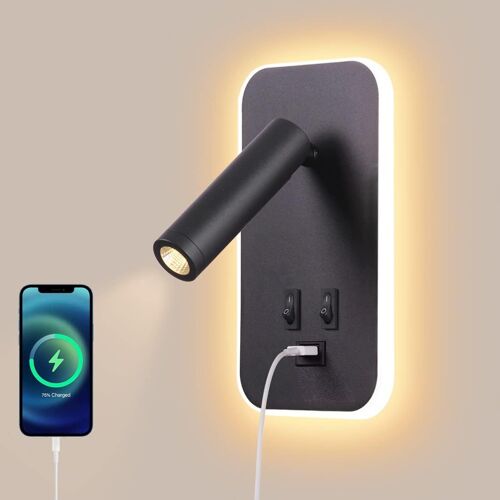 Applique Murale Led, Lampe De Chevet Avec Interrupteur, Port De Charge Usb, Éclairage D'ambiance Réglable Pour Chambre À Coucher, Noir [Classe Énergétique F]