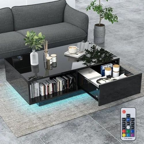 Costway Table Basse Contemporain Avec Lumières Led 20 Couleurs, 95x55x31 Cm, Table De Salon Avec Grand Tiroir Et Compartiment, Noir