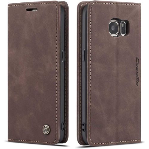 Coque Compatible Avec Samsung Galaxy S7 Edge,Anti-Choc Housse En Cuir Premium Flip Case Portefeuille Etui,Cafe