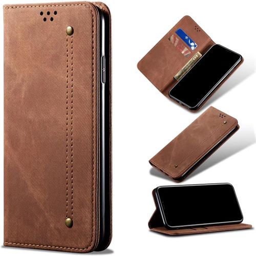 Compatible Avec Etui Xiaomi Redmi 9 Power, Flip Jeans Portefeuille Housse Avec Fente Carte, Magnétique Stand+Protecteur D'écran En Verre Trempé*2-Brun