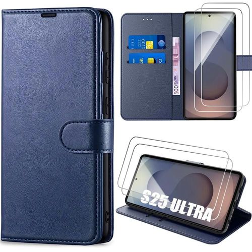 Coque + 2 Verres Trempés Pour Samsung Galaxy S25 Ultra, Protection Antichoc Effet Cuir Bleu Marine - E.F.Connection