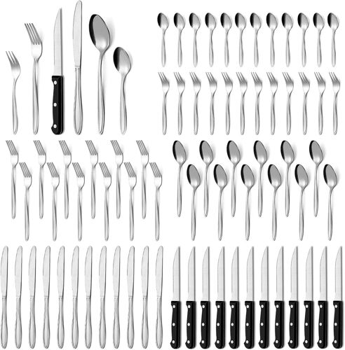Vornixorsarlshopset De Couverts 72 Pièces, Service De Table 12 Personnes, Set De Couverts De Haute Qualité Avec Couteau À Steak, Couteau, Fourchette, Cuillère,Elégant Acier Inoxydable Couvert