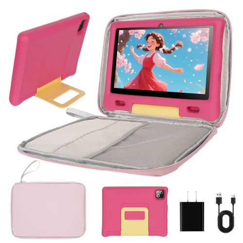 Tablette enfant 10 Pouces Android 14, 16 Go + 128 Go + 1To TF, Écran HD 1280x800 IPS, Widevine L1, 5000 mAh, Contrôle Parental, Préinstallé KIDOZ, avec Kid-Proof Étui Rose et Sac d'ordinateur Rose