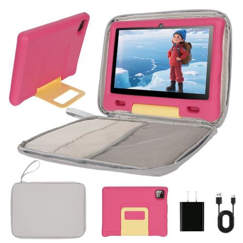 Tablette enfant 10 Pouces Android 14, 16 Go + 128 Go + 1To TF, Écran HD 1280x800 IPS, Widevine L1, 5000 mAh, Contrôle Parental, Préinstallé KIDOZ, avec Kid-Proof Étui Rose et Sac d'ordinateur Gris