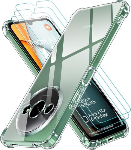 JGD-4 en 1 Coque pour Xiaomi Redmi A3 / Redmi A3X avec 3 Pièces Verre Trempé, Ultra Transparent Étui de Protection en Silicone Antichoc, Souple TPU Anti-Rayures Bumper Housse