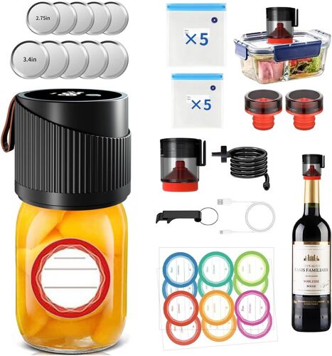 Kit De Scellage Sous Vide Électrique Mason Jar 4 En 1 Pour Bocaux Mason À Ouverture Large Et Régulière, Scellant Sous Vide À Arrêt Automatique Pour Bocaux, Bouteilles De Vin, Sacs Sous Vide,