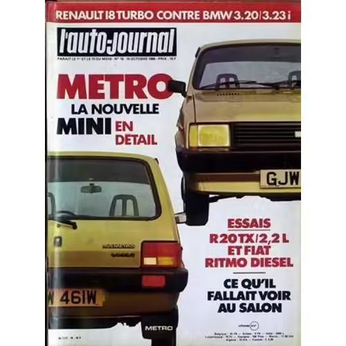 L'Auto Journal 18 De 1980 (Austin Metro,Bmw 323i,Bmw 320,Renault 18 Turbo,Fiat Ritmo 65 Cl Diesel,Renault Trafic,Renault 20 Tx 2.2,Ford Escort 1600 Ghia,Salon,Gruau 547 Dt,Bmw R80 Gs