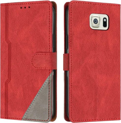 Coque pour Samsung Galaxy S6 Edge, Housse Etui Portefeuille Cuir Multifonction, Fermeture Magnétique à Clapet Anti-Choc [Fonction Support] Flip Case Compatible avec Samsung S6 Edge (Rouge)