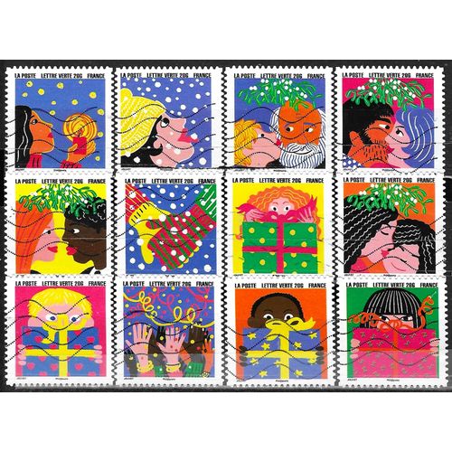 France 2015, Belle Série Complète 12 Timbres Yvert 1190 À 1201, "Bonnes Fêtes De Fin D'Année !", Oblitérés, Tbe.