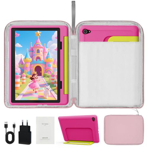 Tablette Enfant 10 Pouces, 14Go + 64Go + 1To TF, 5000 mAh, Écran HD 1280x800 IPS, Wifi, Contrôle Parental, Préinstallé KIDOZ, avec Kid-Proof Étui Rose et Sac d'ordinateur Rose