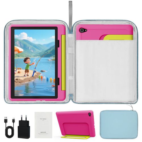 Tablette Enfant 10 Pouces, 14Go + 64Go + 1To TF, 5000 mAh, Écran HD 1280x800 IPS, Wifi, Contrôle Parental, Préinstallé KIDOZ, avec Kid-Proof Étui Rose et Sac d'ordinateur Bleu