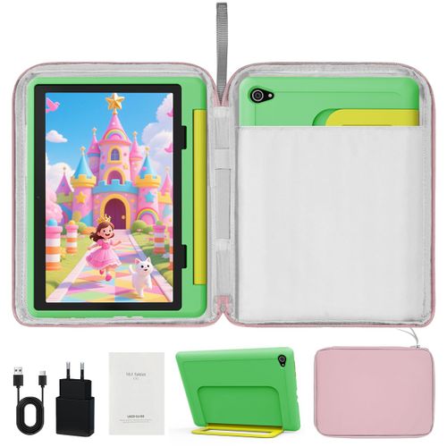 Tablette Enfant 10 Pouces, 14Go + 64Go + 1To TF, 5000 mAh, Écran HD 1280x800 IPS, Double caméra 8MP+5MP, Wifi, Contrôle Parental, Préinstallé KIDOZ, avec Kid-Proof Étui Vert et Sac d'ordinateur Rose