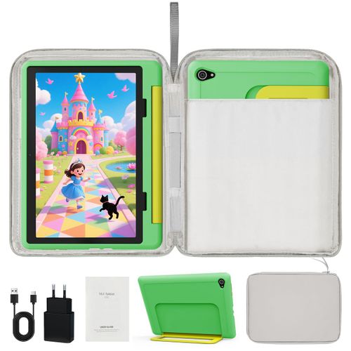 Tablette Enfant 10 Pouces, 14Go + 64Go + 1To TF, 5000 mAh, Écran HD 1280x800 IPS, Double caméra 8MP+5MP, Wifi, Contrôle Parental, Préinstallé KIDOZ, avec Kid-Proof Étui Vert et Sac d'ordinateur Gris