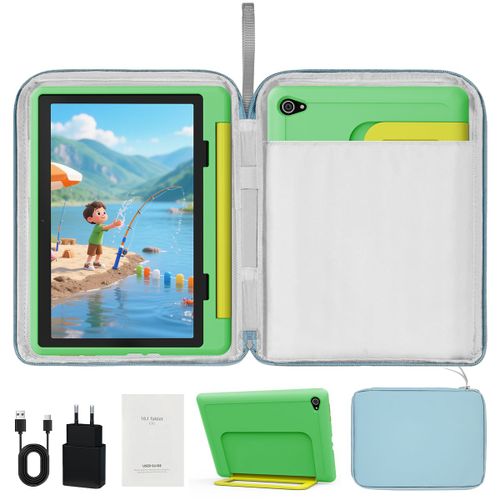 Tablette Enfant 10 Pouces, 14Go + 64Go + 1To TF, 5000 mAh, Écran HD 1280x800 IPS, Double caméra 8MP+5MP, Wifi, Contrôle Parental, Préinstallé KIDOZ, avec Kid-Proof Étui Vert et Sac d'ordinateur Bleu