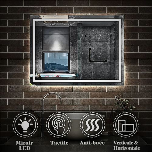 Miroir lumineux 80x150 salle de bain antibuée bouton tactile installation réversible SANILAND