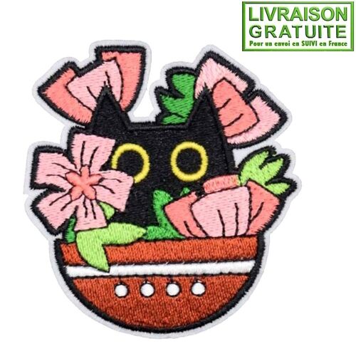 Patch Écusson Chat Noir Dans Une Plante (Réf 3) - Thermocollant