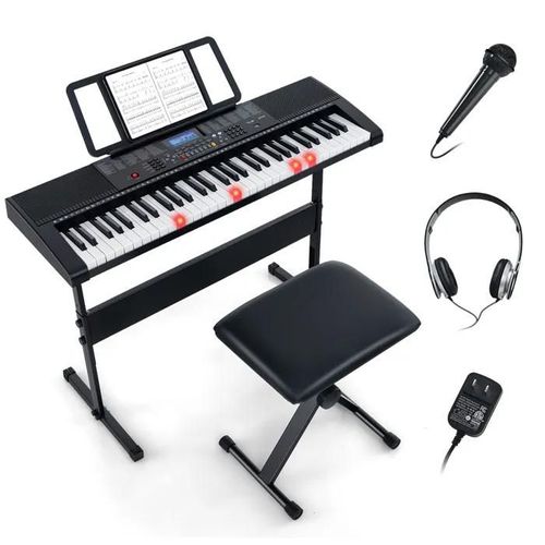 Costway Clavier Piano 61 Touches Lumineuses, 600 Timbres, 400 Rythmes, 50 Démonstrations, Haut-Parleur,Usb, Casque, Support,Tabouret