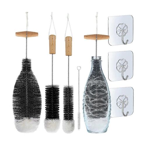 Brosse de nettoyage pour goupillon, paquet de 4 brosses à bouteille et 3 crochets d'organisation Nettoyeur de bouteille pour le lavage des cols étroits