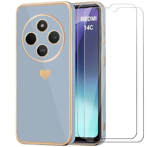 Coque Pour Xiaomi Redmi 14c, Motif Coeur Anti-Rayure Souple Tpu Bleu + 2 Verres Trempés - E.F.Connection