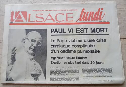 Paul 6 Est Mort. Journal L'Alsace 7.8.78