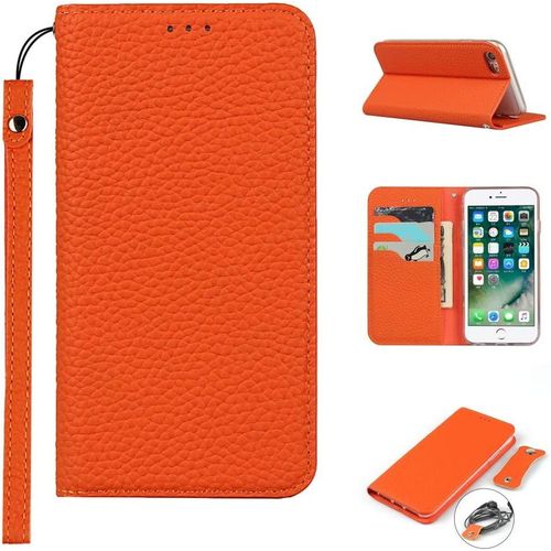 Coque Iphone 7/8/Se 2020/Se 2022,Cuir Veritable Flip Portefeuille Etui En Cuir,[3 Fentes][Fermeture Magnetique],Clapet Housse Etui - Orange