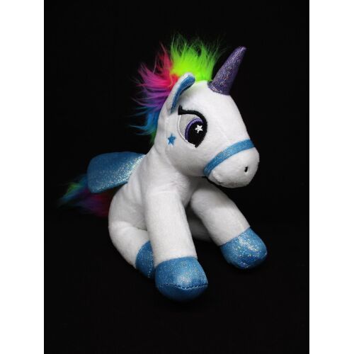 Doudou licorne assise - blanche et bleu - crinière et queue arc en ciel - Fizzy