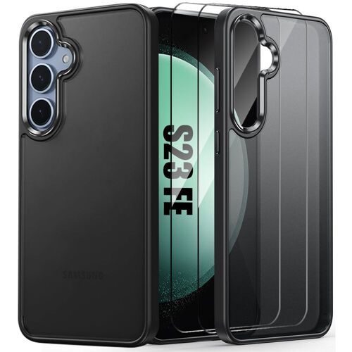 Coque + 2 Verres Trempés pour Samsung Galaxy S23 FE (pas pour S23) - Antichoc Semi-Rigide Noir avec Dos Translucide - E.F.Connection