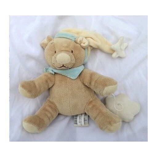 Doudou Hochet Ours Marron Et Crème Noukie's Avec Nœud Satin - 20 Cm - Occasion Très Bon état