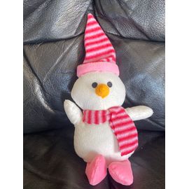 Doudou peluche pingouin bonhomme de neige écharpe rouge rayé rose 24cm